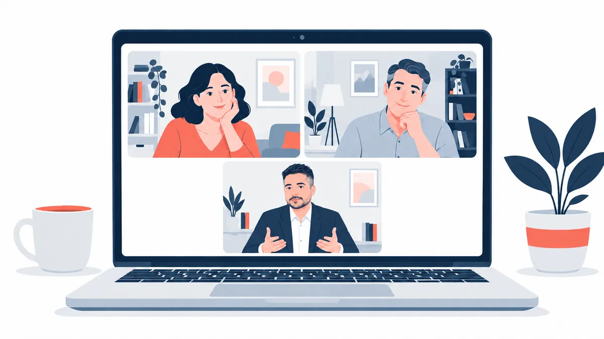 Ilustración de una videollamada de mediación: cada parte se conecta desde su casa y el mediador modera la sesión