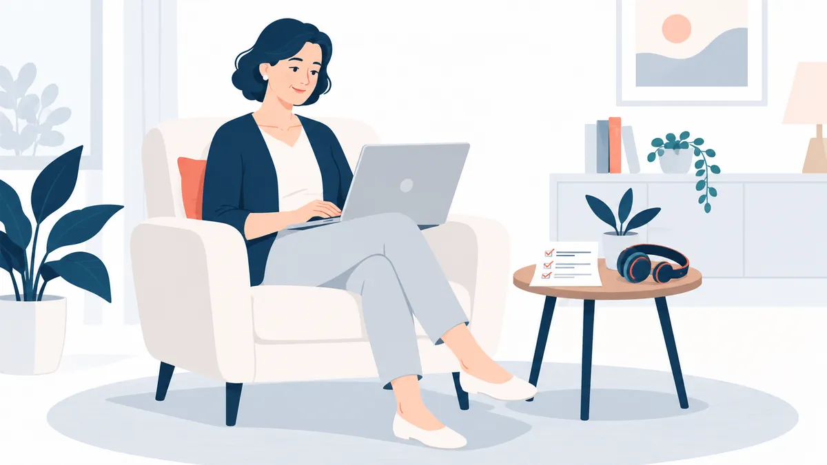 Ilustración de una persona en su casa con un notebook, preparándose para una mediación por videollamada