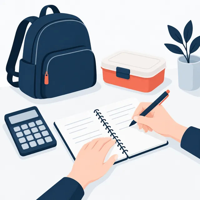 Ilustración de una libreta, una calculadora, una mochila y una lonchera para conversar los gastos de los hijos